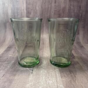 Set of 2 Bacardi Rum Spirit Chunky Embossed Green Glass Tumblers 10 oz 4-7/8" T